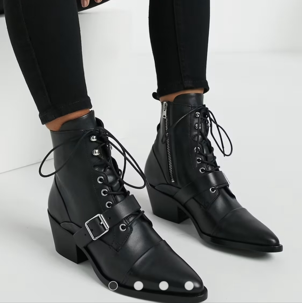 AllSaints Katy lace up heeled leather boots with buckle in black - Picture 10 of 12